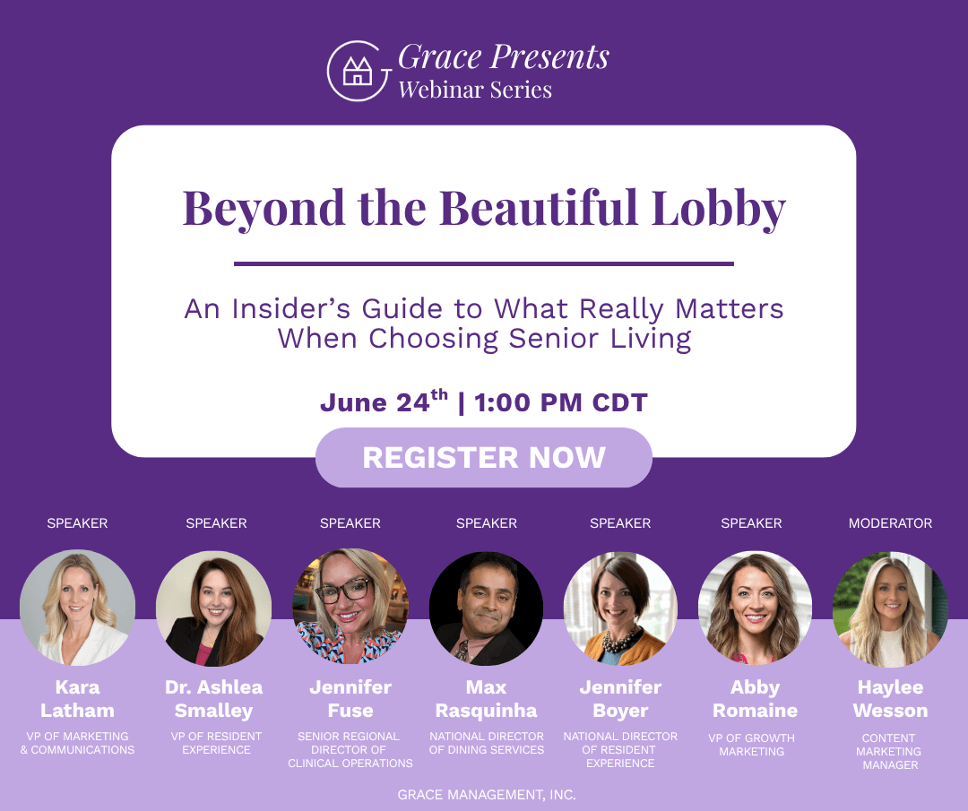 Event banner for Grace Presents Webinar Series: "Beyond the Beautiful Lobby" with date June 24 at 1:00 PM CDT and a large REGISTER NOW button; features six speakers and a moderator with headshots below the title.