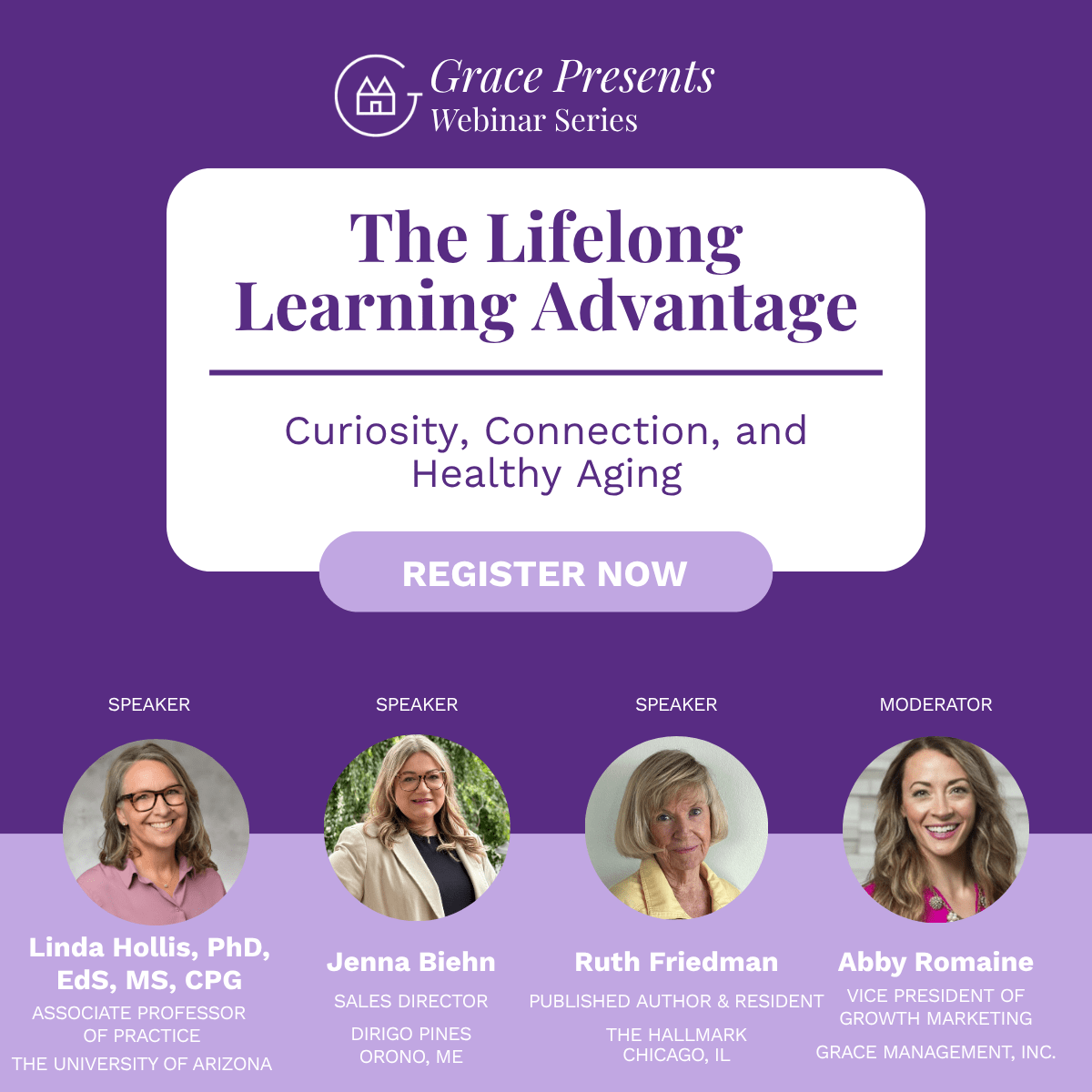 Grace Presents webinar banner: The Lifelong Learning Advantage with a 'Register Now' button and four speaker headshots.